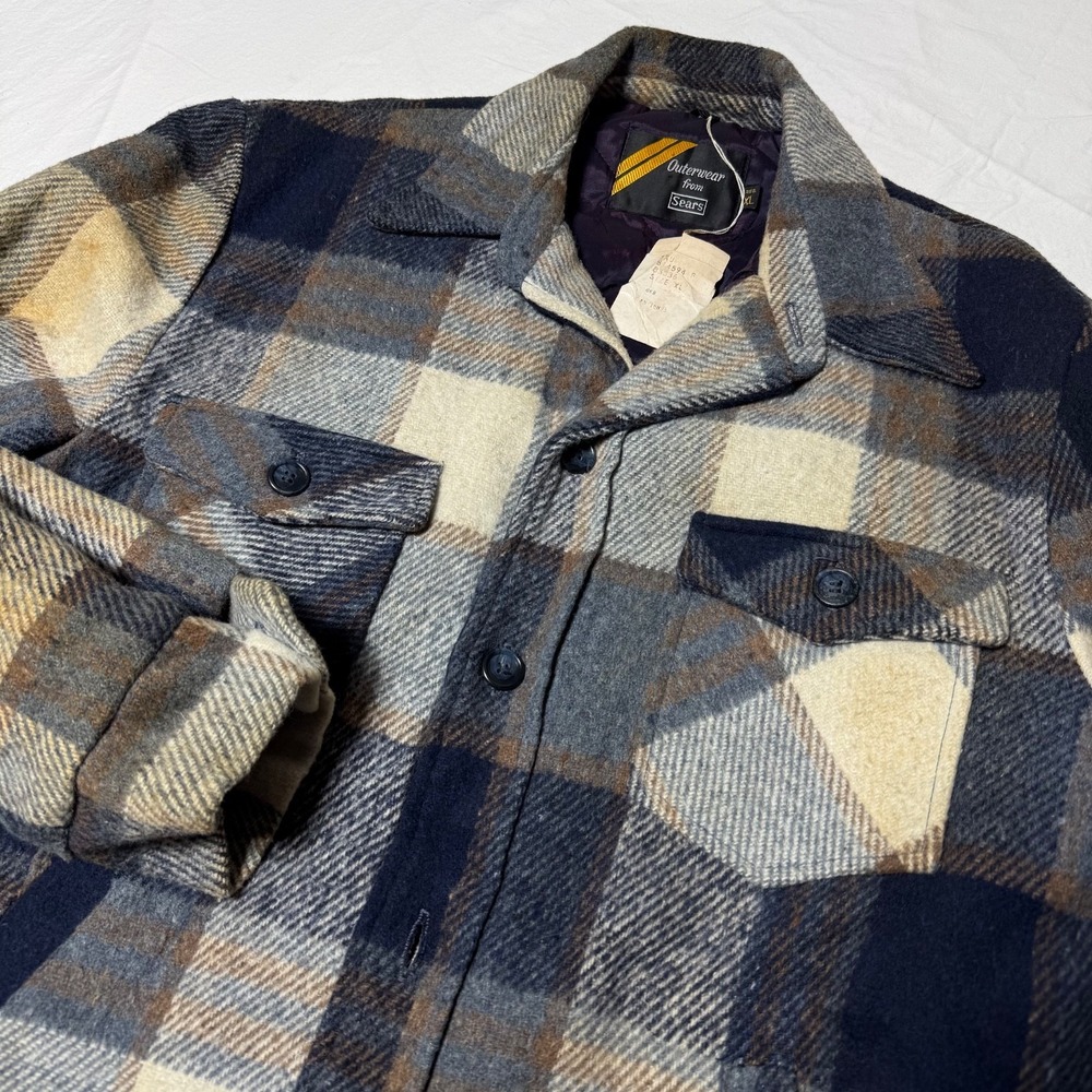 Vintage Sears Outerwear Lined Chore Jacket Mens XL Brown Wool Plaid 814594F